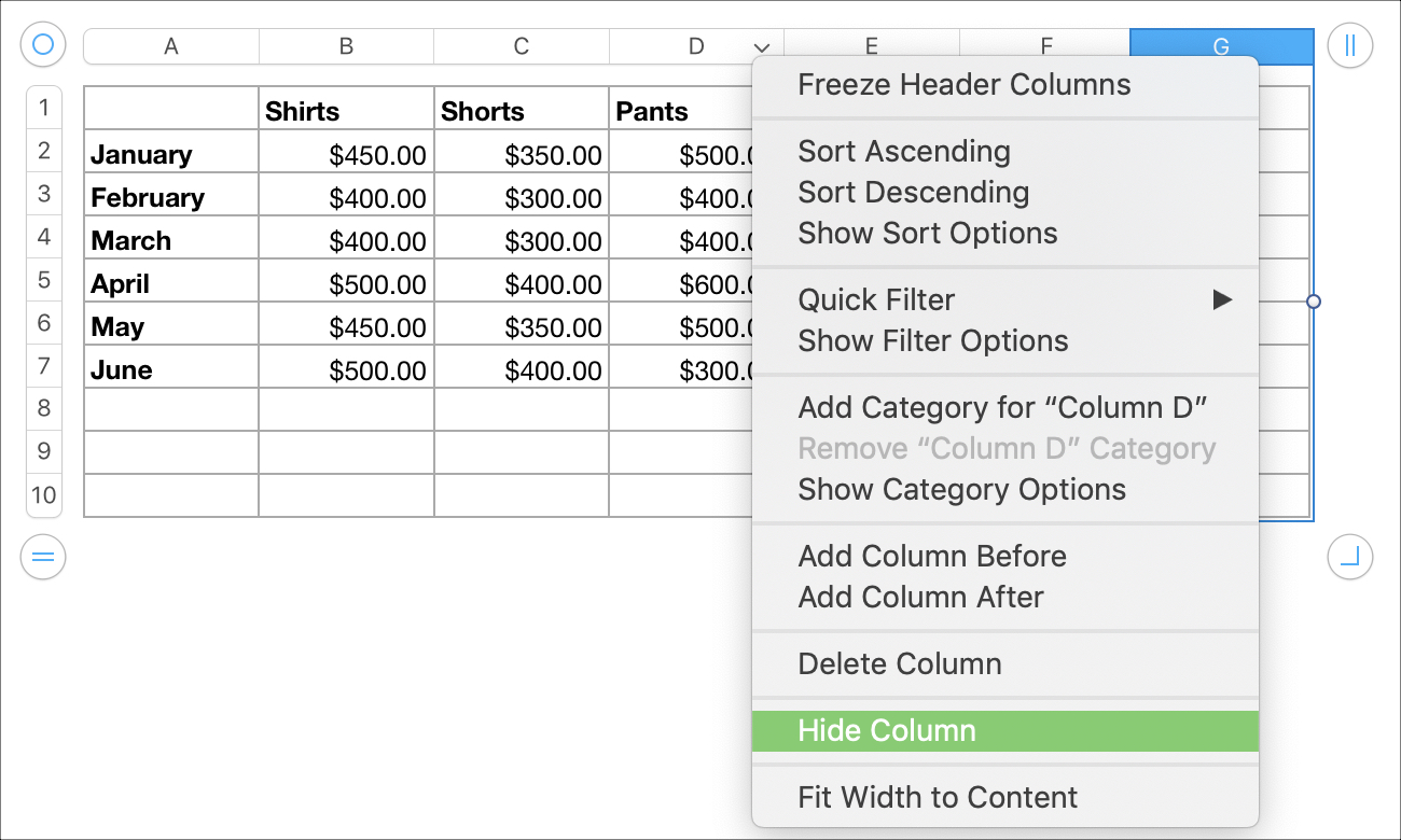 unable to unhide column a in excel for mac